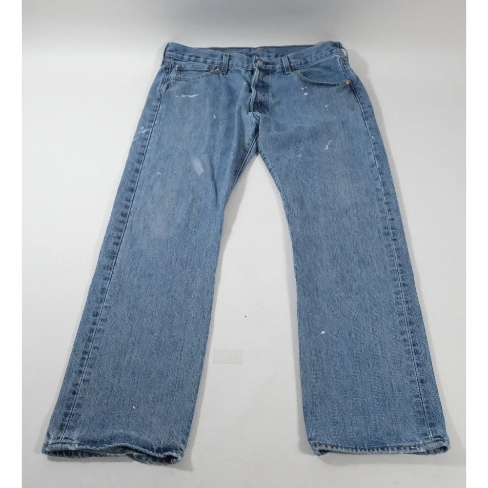 Levi's Jeans Mens 34x32 Blue‎ 501 Straight Leg Button Fly Paint Stained Denim